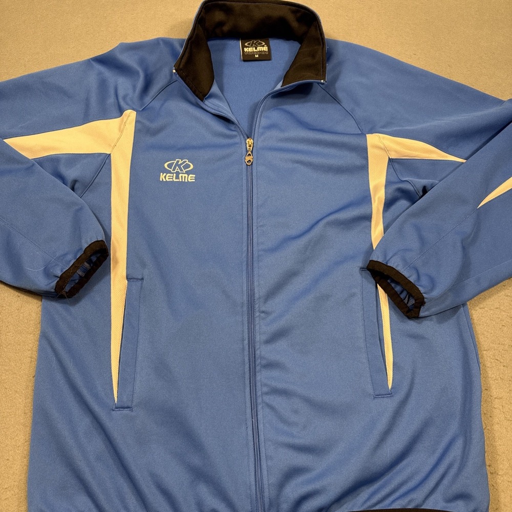 Kelme Futbol Track Jacket Men MEDIUM BLUE WHITE‎ Full Zip Logo Soccer Mock Neck